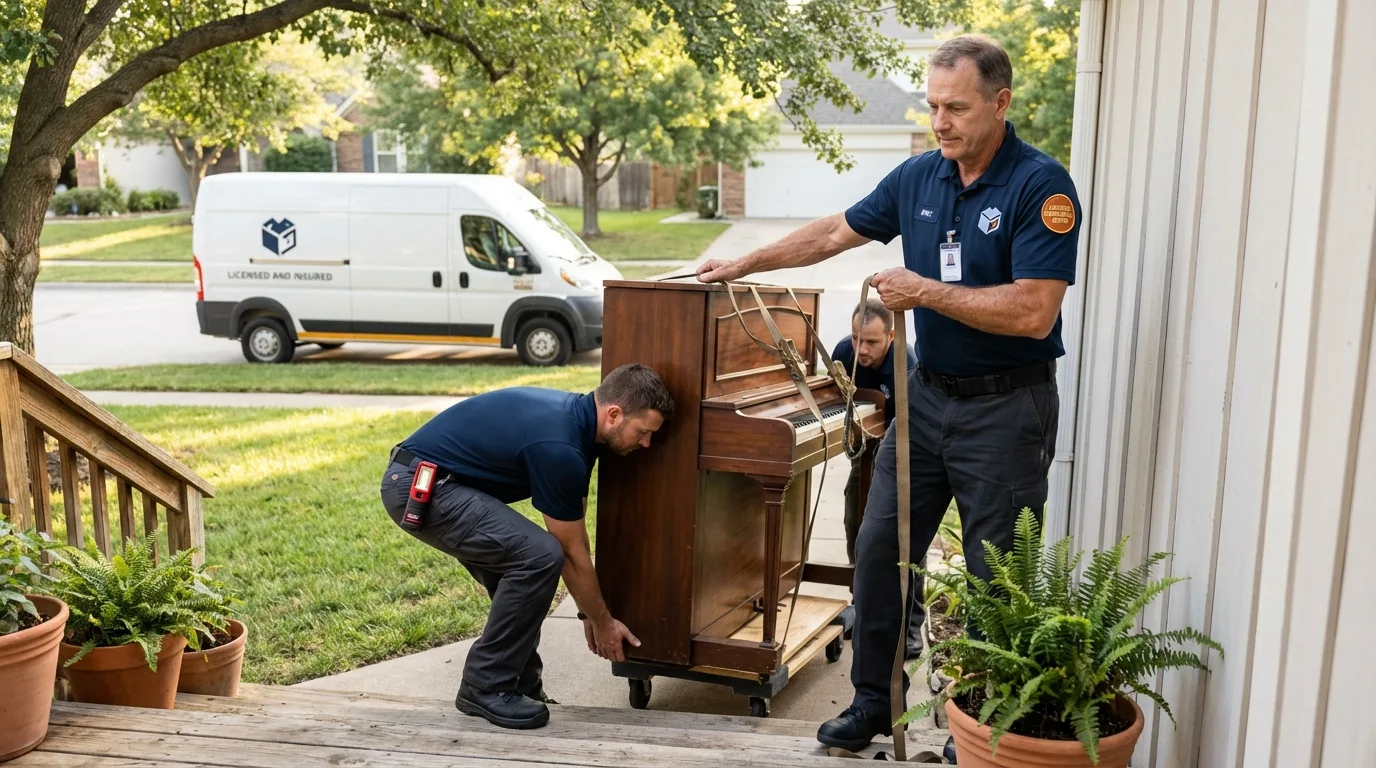 Licensed piano movers securing grand piano in Lebanon, VA