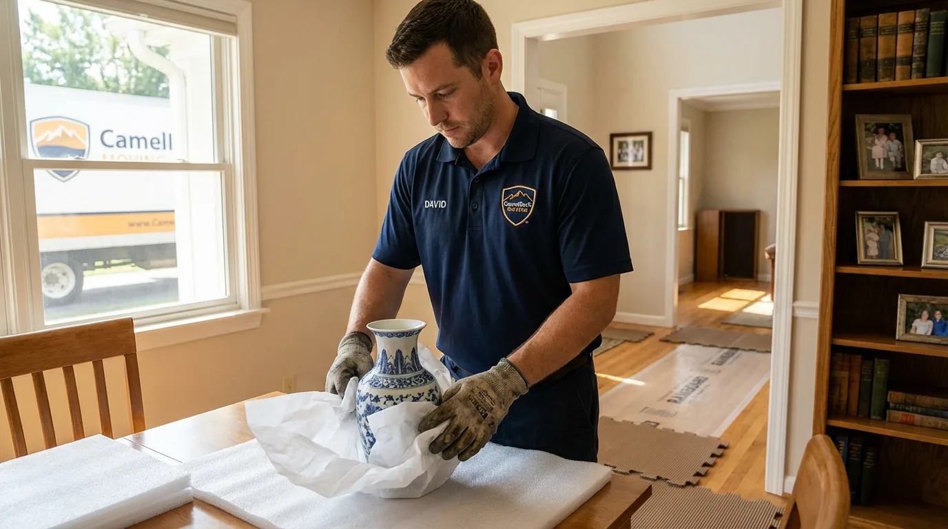 Professional crew carefully wrapping antique vase for senior downsizing move in Lebanon, VA